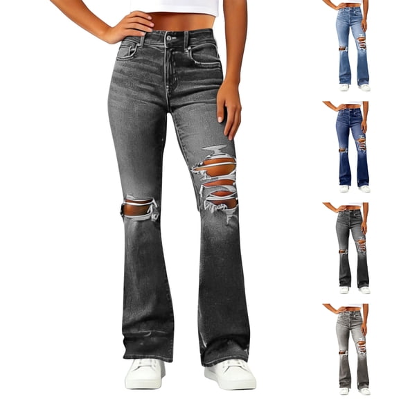 MLCDZ Vintage Bell Bottoms Flare Jeans for Women 90s High Waist Ripped Distressed Wide Leg High Rise Denim Trousers with Multiple Pockets
