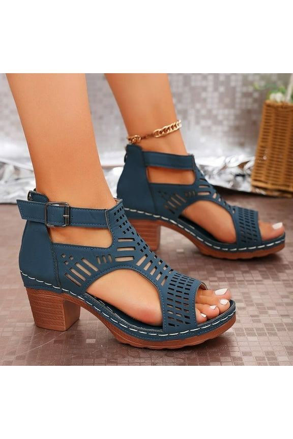 Wedge Heeled Sandals Cute Wedge Sandals Summer Hollow Open Toe Ankle Buckle Sandal Trendy Casual Comfort Beach High Chunky Heel Dressy Cutout Booties Dark Blue 36