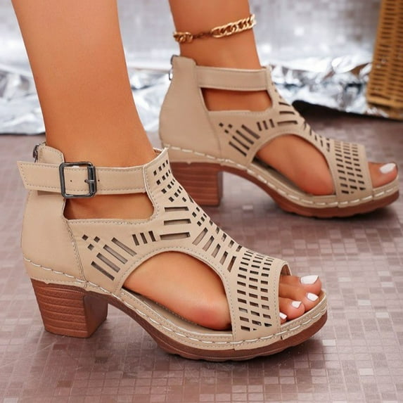 MLCDZ Wedge Heeled Sandals Cute Wedge Sandals Summer Hollow Open Toe Ankle Buckle Sandal Trendy Casual Comfort Beach High Chunky Heel Dressy Cutout Booties Beige 37