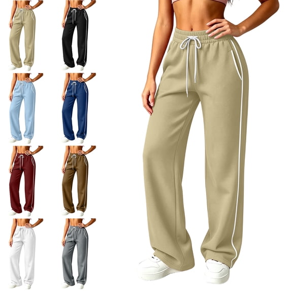 MLCDZ Wide Leg Fall Sweatpants for Women Elastic High Waisted Baggy Casual Loose Fit Lightweight Drawstring Workout Golf Trousers with Multiple Pockets