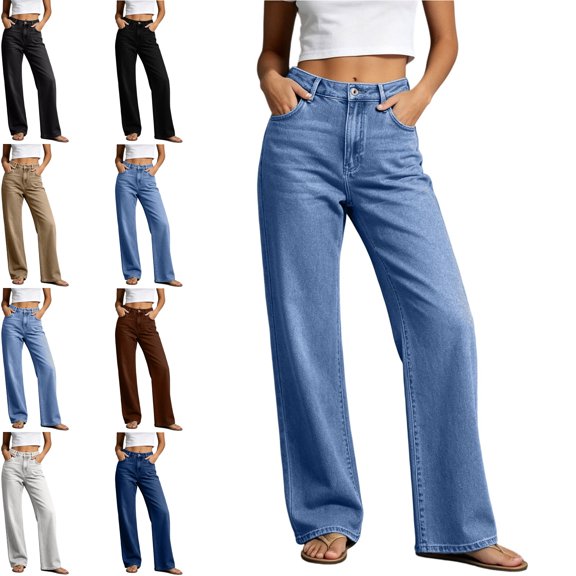 MLCDZ Wide Leg Jeans for Women High Waisted Straight Denim Pants Trendy Casual Fall Bottom Loose Breathable Vacation Travel Boyfriend Trousers with Pockets