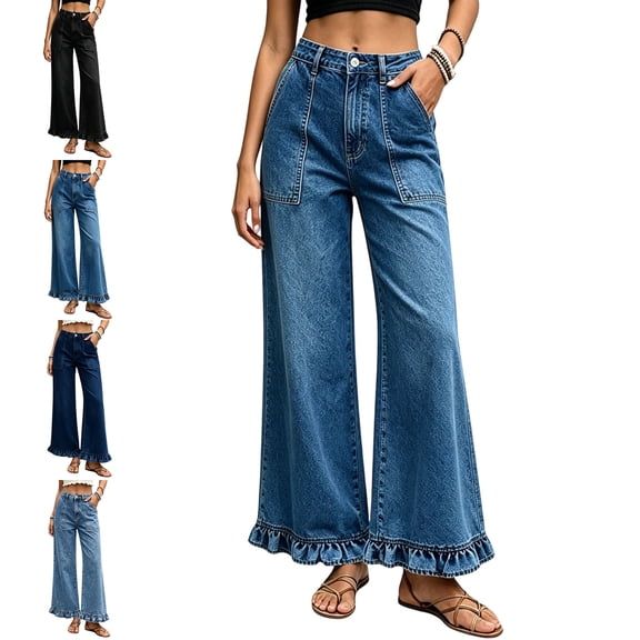 MLCDZ Wide Leg Jeans for Women Stretch High Wasited Baggy Trendy Denim Jean Ruffle Hem Pants with Multiple Pockets Lightweight Breathable Vacation Trousers