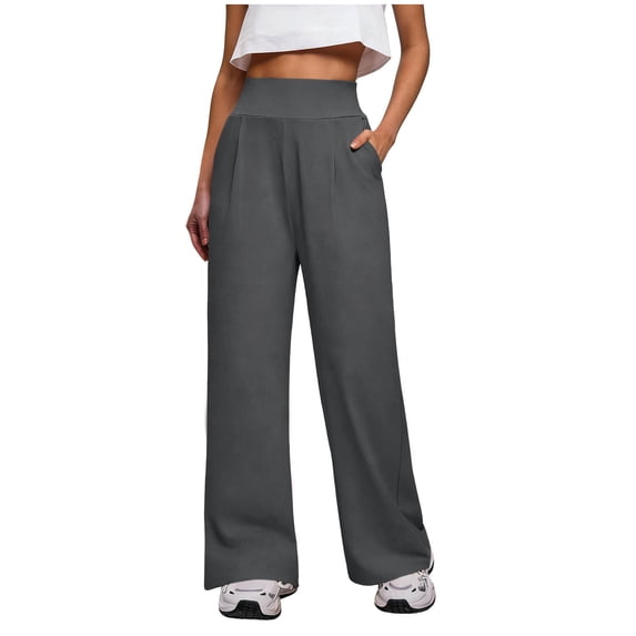 MLCDZ Wide Leg Pants Woman Solid Color Pull on Dress Pants Women High Waisted Stretchy Work Pants Business Casual Trousers with Pockets Gray M