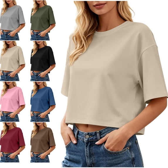 MLCDZ Women 3/4 Sleeve Cropped T-Shirts Drop Shoulder Crew Neck Crop Tops Casual Loose Fit Summer Solid Color Basic Tees Beach Vacation Tops
