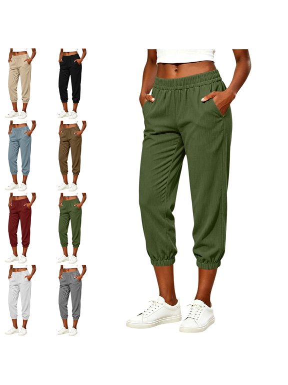 Women Capri Pants Breathable Lightweiht Elastic Waist Ankle Capris Summer Joggers Casual Vacation Cropped Trousers with Pocket