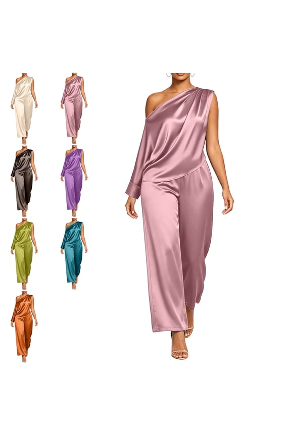 Women Elegant Jumpsuits Off Shoulder Satin Set With Slanted Collar One Sleeve Straight Long Pants Mountain Climbing Travel Rompers With Pockets