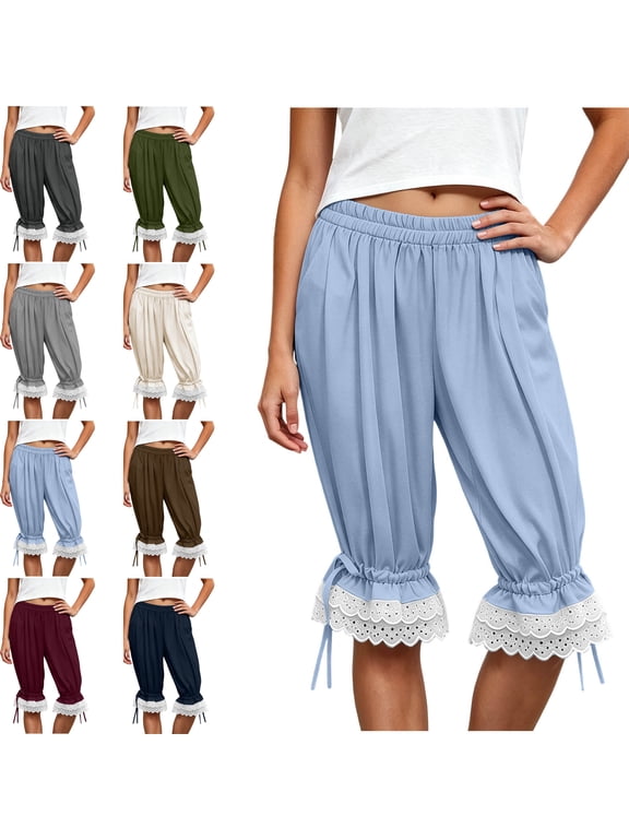 Women Hollowed Out Lace Long Bloomers Elastic Mid Rise Ruffle Pantaloons Cropped Flared Slips Pants Pajama Bottoms Indoor Activities Home Capris