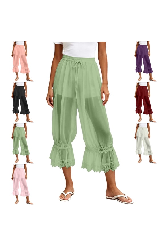 Women Lace Long Bloomers Elastic Mid Rise Ruffle Pantaloons Cropped Flared Slips Pants Pajama lightweight Loungewear Sportswear Capris