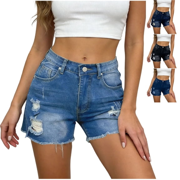 MLCDZ Women Ripped Stretchy Jeans Shorts Frayed Hem Casual Denim Shorts with Pockets High Waist Zipper Denim Short Pants