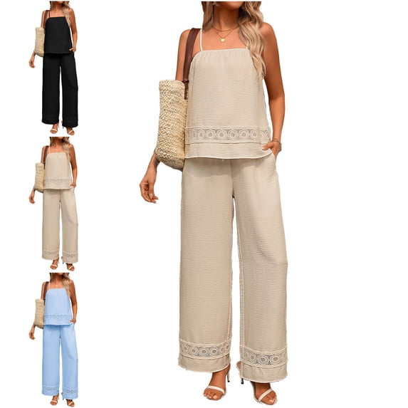 MLCDZ Women Spaghetti Strap Cami Square Neck Sleeveless Top and Wide Leg Loose Fit Pants Lace Set Summer Beach Travel 2 Piece Vacation Outfits with Pockets