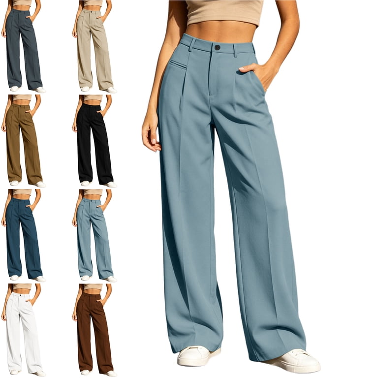MLCDZ Women Wide Leg Dress Pants Elastic High Waisted Button Pleated Business Casual Lightweight Trousers with Pockets Office Work Palazzo Pants