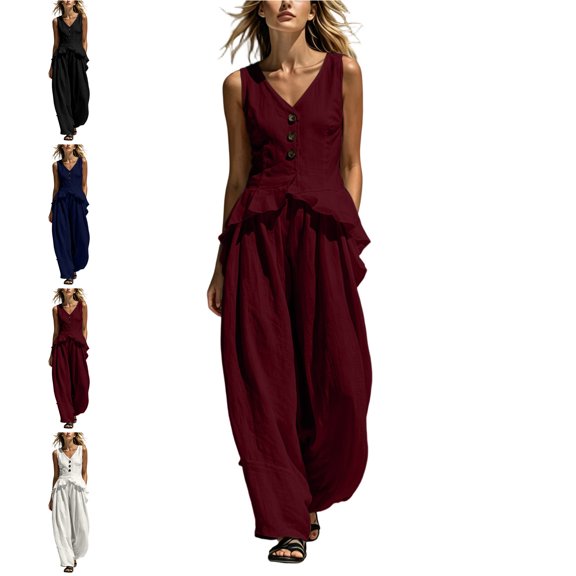 MLCDZ Women's 2 Piece Outfits Cotton Linen V Neck Button Ruffle Hem Tops and Casual Wide Leg Pants Set with Pockets Lightweight Outdoor Party Set