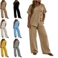 thumbnail image 1 of MLCDZ Women's 2 Piece Wedding Guest Pant Suits Short Sleeve Round Neck Side Splited Button Down Tops Casual Loose Fit Pant Sets with Pockets, 1 of 8