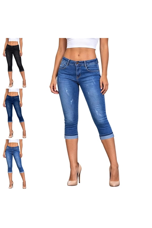 Women's Capri Pants Skinny Lightweight Stretchy Ripped High Waisted Cuffed Denim Jeans Versatile Daily Commute Cropped Pants with Multiple Pockets