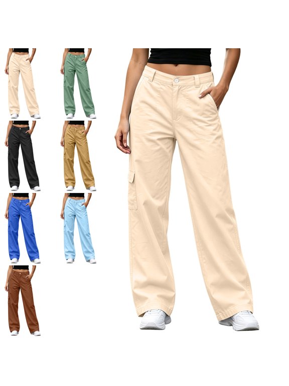 Women's Cargo Baggy Wide Leg High Waist Casual Stretch Pants Lightweight Straight Leg Pants Breathable Mountain Climbing Hiking Trousers with Pockets