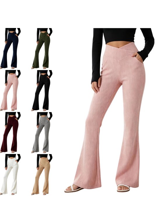 Women's Casual Crossover Flare Yoga Pants Stretch Tummy Control Ribbed High Waist Leggings Wide Bootcut Bell Bottoms Workout Gym Trousers with Pockets