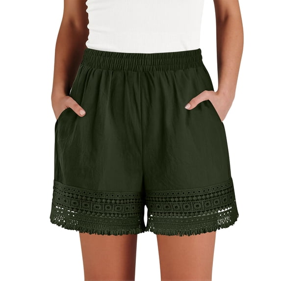 MLCDZ Women's Casual Loose Elastic Waist Lounge Shorts Comfy Stretch Lace Trim Summer Beach Linen Ruffle Short Pants with Pockets