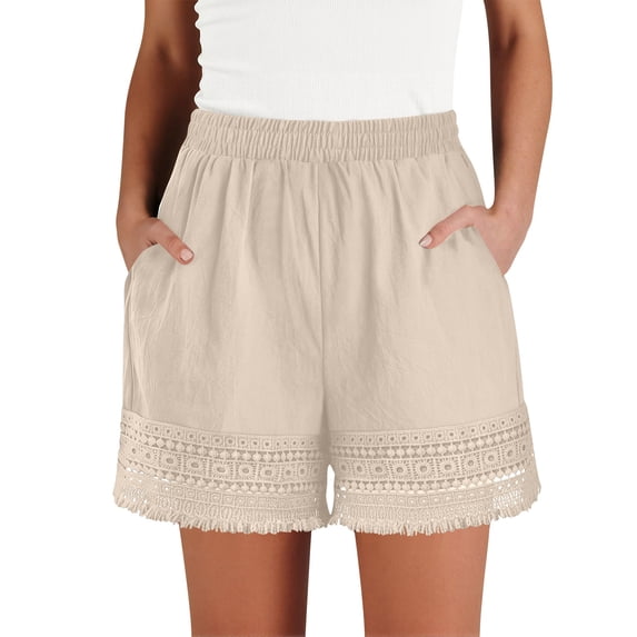 MLCDZ Women's Casual Loose Elastic Waist Lounge Shorts Comfy Stretch Lace Trim Summer Beach Linen Ruffle Short Pants with Pockets