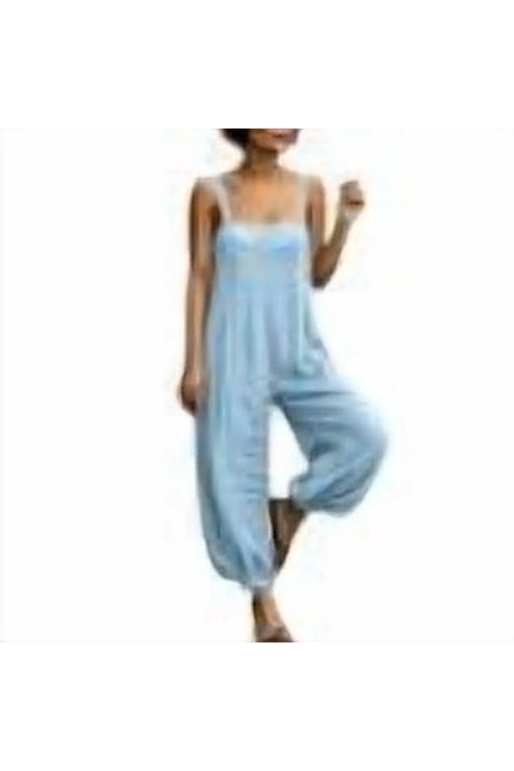 Women's Casual Loose Overalls Boho Jumpsuits One Piece Sleeveless Square Neck Wide Leg Loose Fit Long Pant Rompers With Pockets