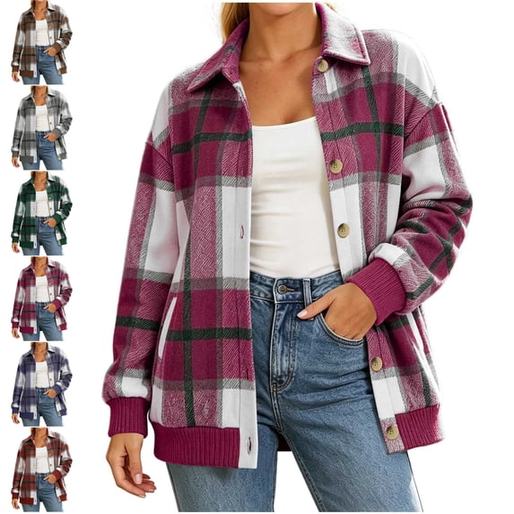 MLCDZ Women's Casual Plaid Flannel Shacket Jacket Button Down Long Sleeve Collared Fall Shirts Jacket Lightweight Vacation Coats with Pockets
