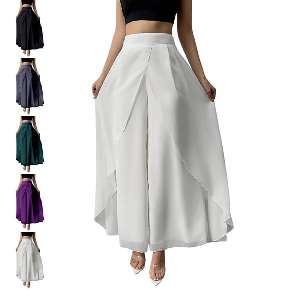 MLCDZ Women's Chiffon Flowy Lightweight Wide Leg Pants Layered Split Palazzo Trousers Fashion Elegant Breathable Dressy Pants for Wedding Party