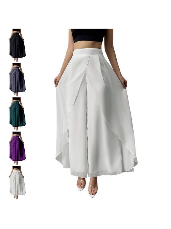 Women's Chiffon Flowy Lightweight Wide Leg Pants Layered Split Palazzo Trousers Fashion Elegant Breathable Dressy Pants for Wedding Party