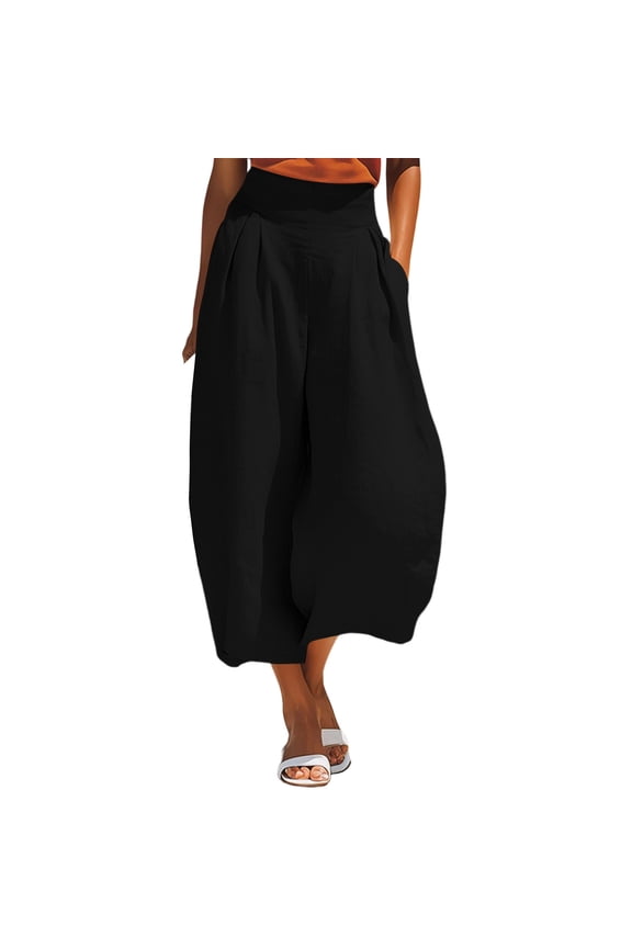 Women' s Culottes Linen High Waisted Wide Leg Pants Elastic Waist Casual Palazzo Trousers with Pockets Capris Suitable for Outdoor Activities Black M