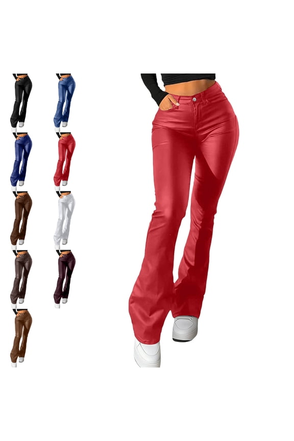 Women's Fashion PU Leather High Waisted Flare Pants Solid Color Hip Lifting Elastic Pants for Daily Wear Black M