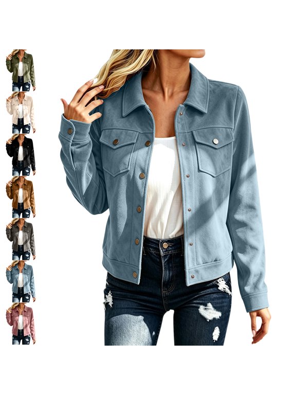 Women's Faux Suede Jacket Turn Down Collared Long Sleeve Shacket Fall Casual Lightweight Loose Vacation Travel Holiday Jacket with Pockets