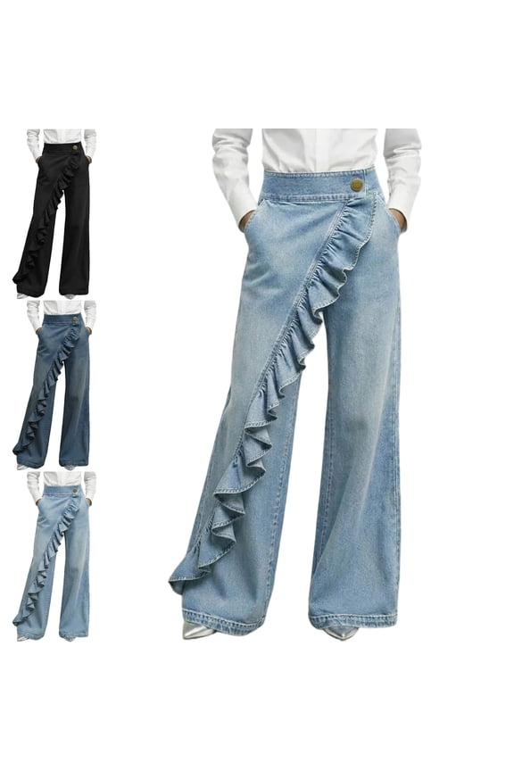 Women's High Waisted Wide Leg Jeans with Ruffle Asymmetrical Wrap Front Denim Pants with Multiple Pockets Breathable Versatile Outdoor Trousers