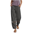 thumbnail image 1 of MLCDZ Women's Linen Splice Lace Pants Drawstring Lightweight Leisure Loose Elastic Waist Petite Summer Beachwear, 1 of 8