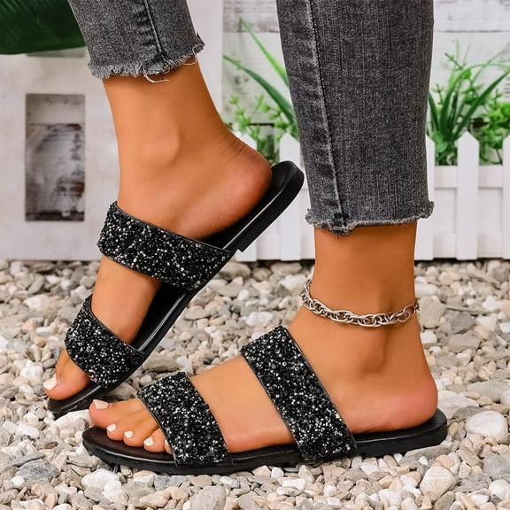 MLCDZ Women's Open Toe Flat Sandals Rhinestone Glitter On Casual Fashion Slippers Quick Drying Indoor & Outdoor Slides Black 36