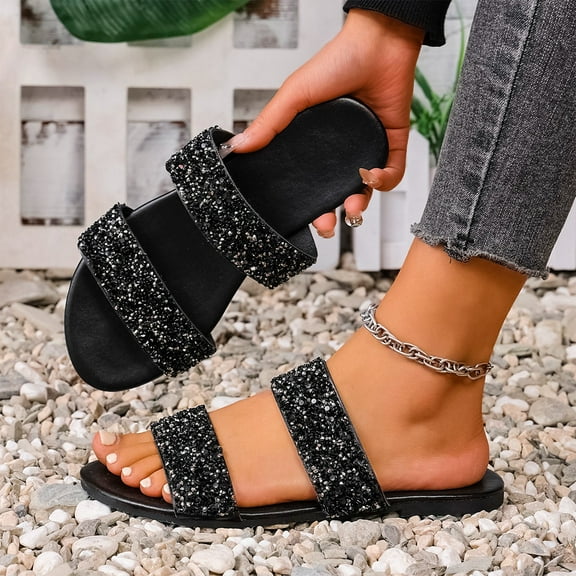 MLCDZ Women's Open Toe Flat Sandals Rhinestone Glitter On Casual Fashion Slippers Quick Drying Indoor & Outdoor Slides Black 37