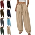 thumbnail image 1 of MLCDZ Women's Pants Casual Smocked Elastic High Waisted Wide Leg Pants Drawstring Loose Cotton Linen Trousers with Pockets, 1 of 7