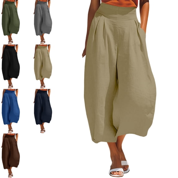 MLCDZ Women's Pants Casual Smocked Elastic High Waisted Wide Leg Pants Drawstring Loose Cotton Linen Trousers with Pockets