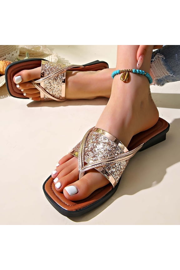 Women's Rhinestone Flat Sandals Open Toe Summer Glitter Beach Thong Slides Sparkle Dressy Outdoor Slip On Flip Flops Gold 43