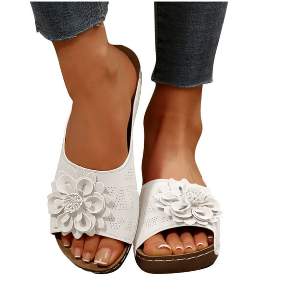 MLCDZ Women's Sandals Comfortable Wedge Sandals with Arch Support Summer Casual Fish Mouth Open Toe Slip-on Slipper Flower Decor Platform Slides Flip Flops White 37