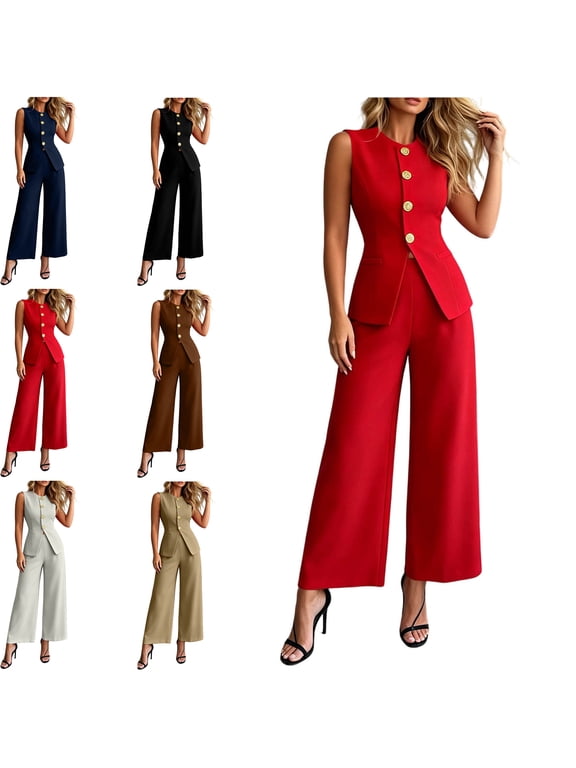 Women's Summer 2 Piece Suit Sets Sleeveless Round Neck Button Down Blazer Vest and Wide Leg Pants Business Casual Outfits Work Clothes with Pockets