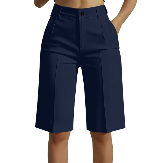 MLCDZ Women's Summer Fashion Solid Color High Waisted Bermuda Casual Knee Length Wide Leg Shorts With Pockets for Office Navy L