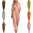 thumbnail image 1 of MLCDZ Women's Summer V Neck Half Sleeve Lightweight Breathable Rompers Tighten The Waist Wide Leg Loose Vacation Long Jumpsuit With Pockets, 1 of 7