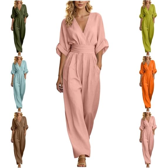 MLCDZ Women's Summer V Neck Half Sleeve Lightweight Breathable Rompers Tighten The Waist Wide Leg Loose Vacation Long Jumpsuit With Pockets
