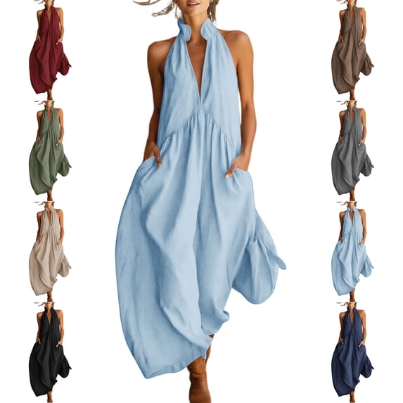 MLCDZ Women's Summer V Neck Sleeveless Jumpsuit Casual Lightweight Beach Vacation Outdoor Activities Loose Fit Flowy Rompers with Pockets