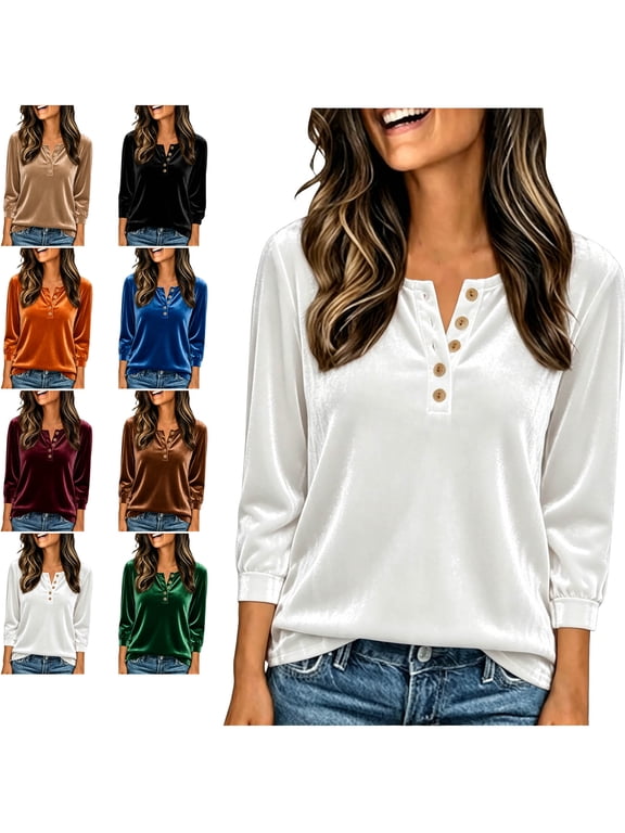 Women's Velvet Tops 3/4 Sleeve V Neck Fall Winter Lightweight Casual Trendy Christmas Formal Evening Party Holiday Shirts