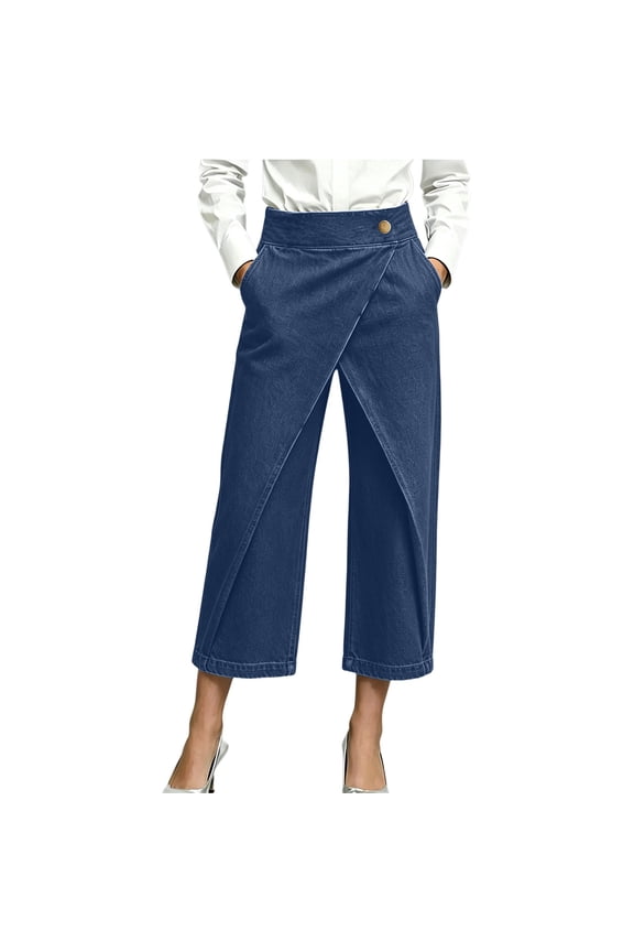 Women's Vintage Washed Jeans Casual High Waist Button Down Irregular Hem Y2K Wide Leg Denim Cropped with Pockets