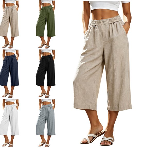 MLCDZ Women's Wide Leg Elastic Waist Capri Pants Casual Lightweight Breathable Palazzo Summer Beach Vacation Cropped Trousers with Pockets