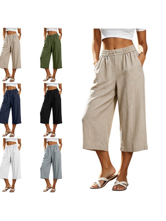 Women's Wide Leg Elastic Waist Capri Pants Casual Lightweight Breathable Palazzo Summer Beach Vacation Cropped Trousers with Pockets