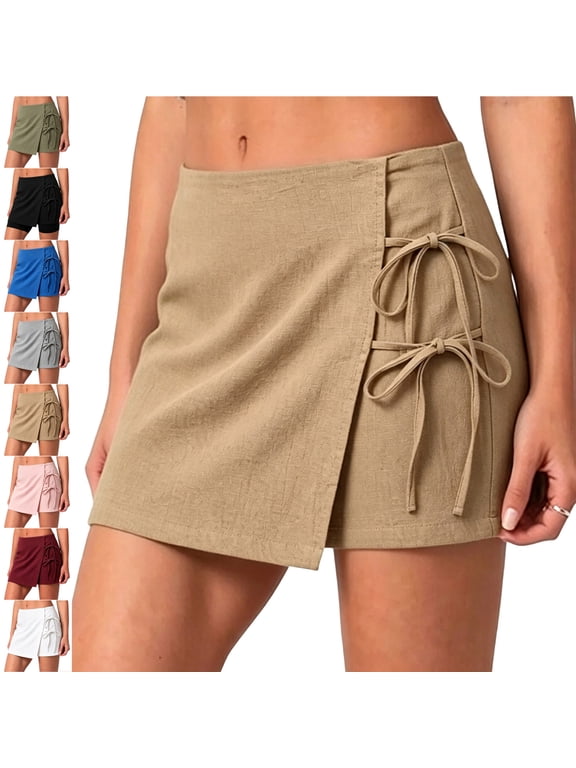Women's Wrap Front Linen Skirt Shorts Drawstring Knot Side Skort Shorts Casual Loose Fit Breathable Beach Vacation Travel Short Pants with Pockets