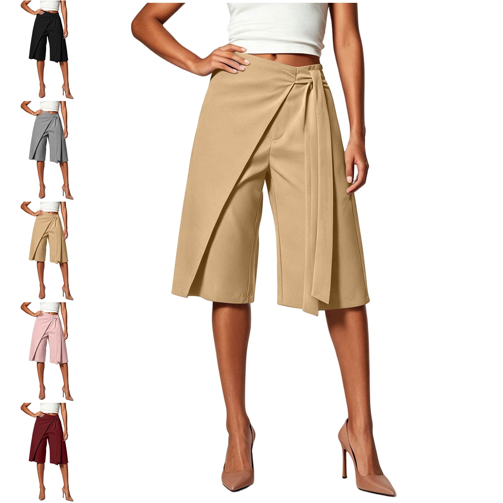MLCDZ Women's Wrap Tie Side Dressy Capri Pants Elastic High Waisted ...