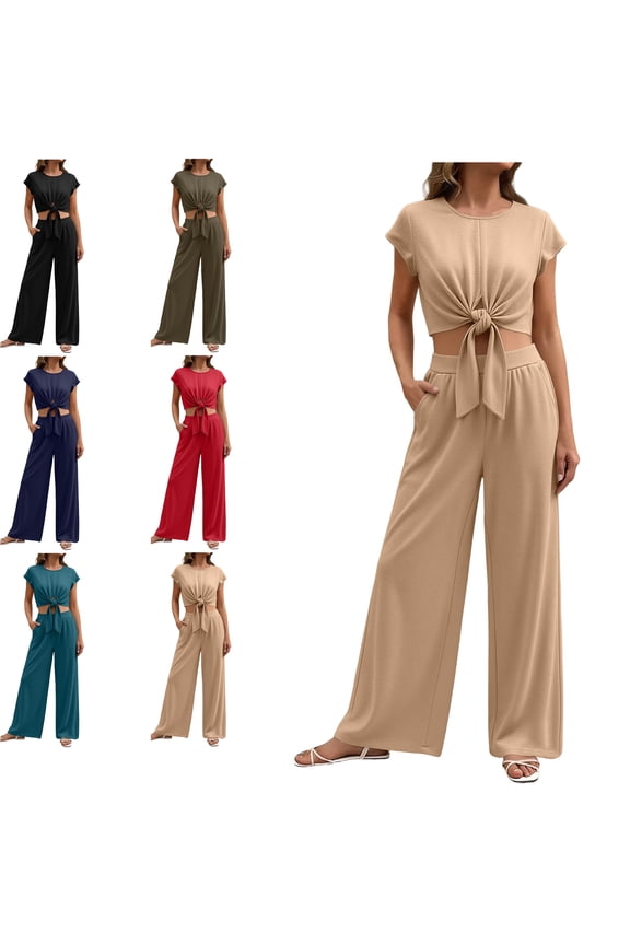 Womens 2 Piece Outfits V Neck Sleeveless Bow Tie Top and Elastic Waist Wide Leg Palazzo Pants Pockets Lightweight Mountain Climbing Matching Sets