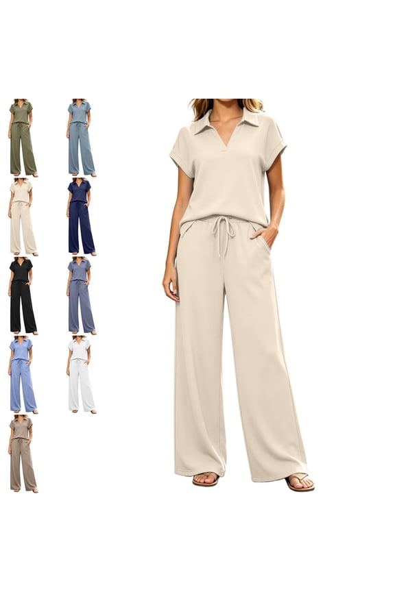 Womens 2 Piece Summer Outfit Lounge Set Short Sleeve V Neck Top and Drawstring Wide Leg Pant Set Tracksuit Travel Matching Outfit